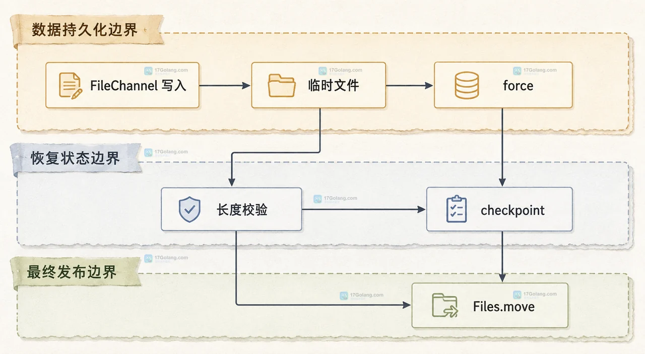 Java FileChannel 大文件复制中的源文件、临时文件和 checkpoint 静态关系框图