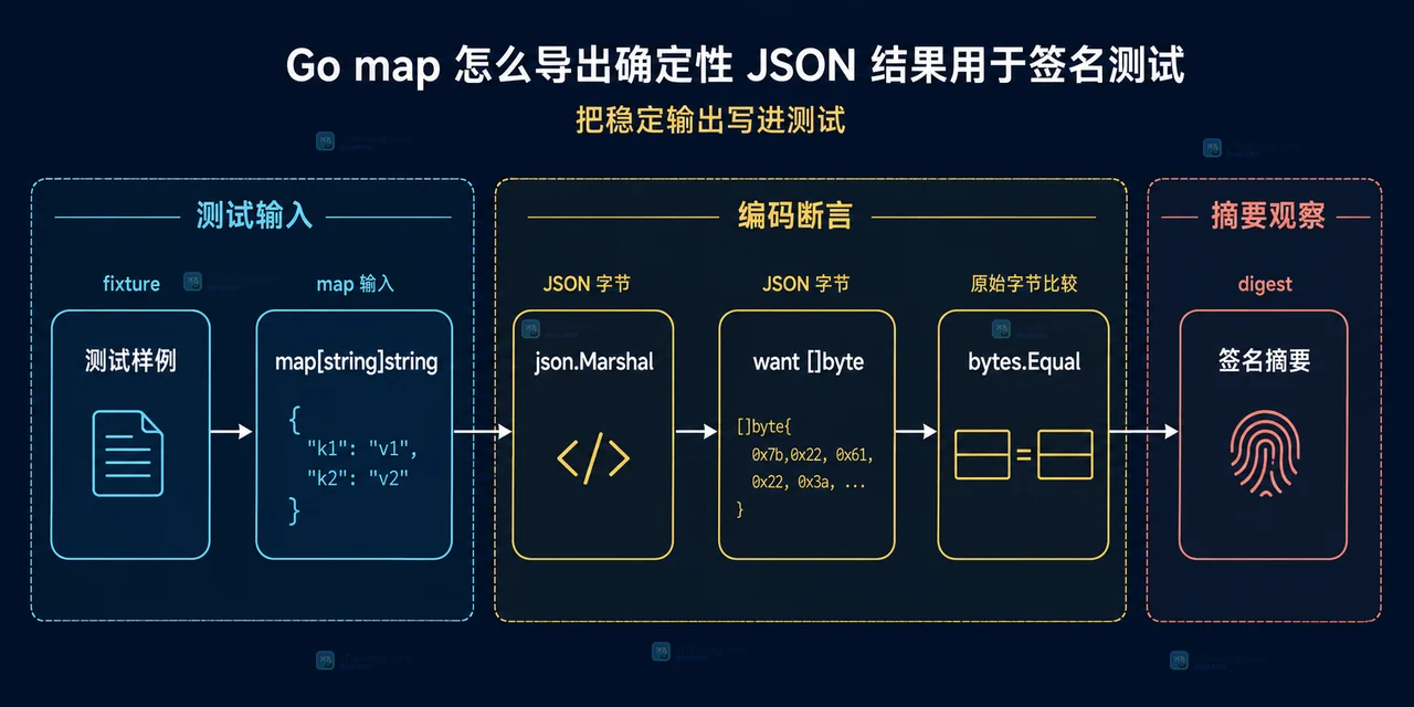 Go encoding/json 将 map 键排序并形成 JSON 字节与摘要边界的静态技术关系图