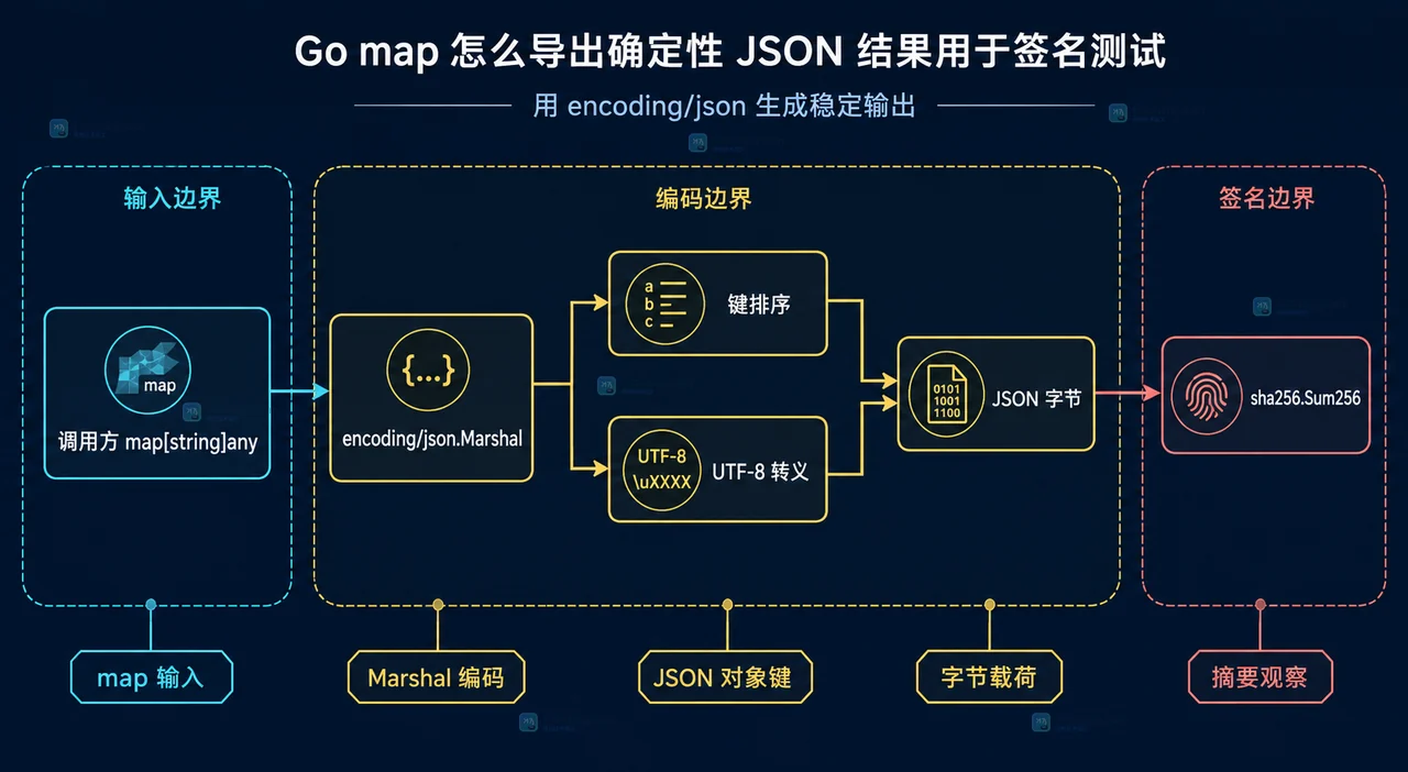 Go map JSON 测试样例、期望字节、bytes.Equal 与签名摘要之间的静态关系图
