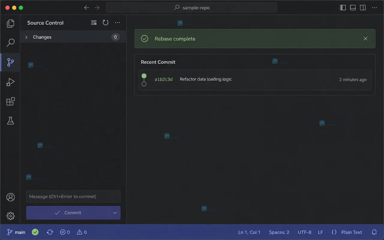 Git rebase 冲突时 VS Code Source Control 与三方合并编辑器显示 Incoming、Current 和 Result