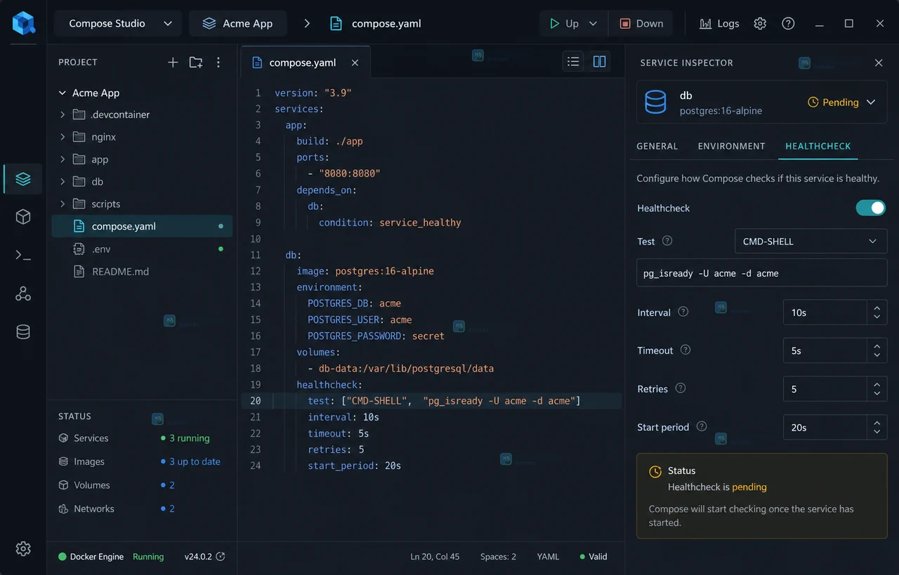Compose 状态面板显示 db healthy 后 web running