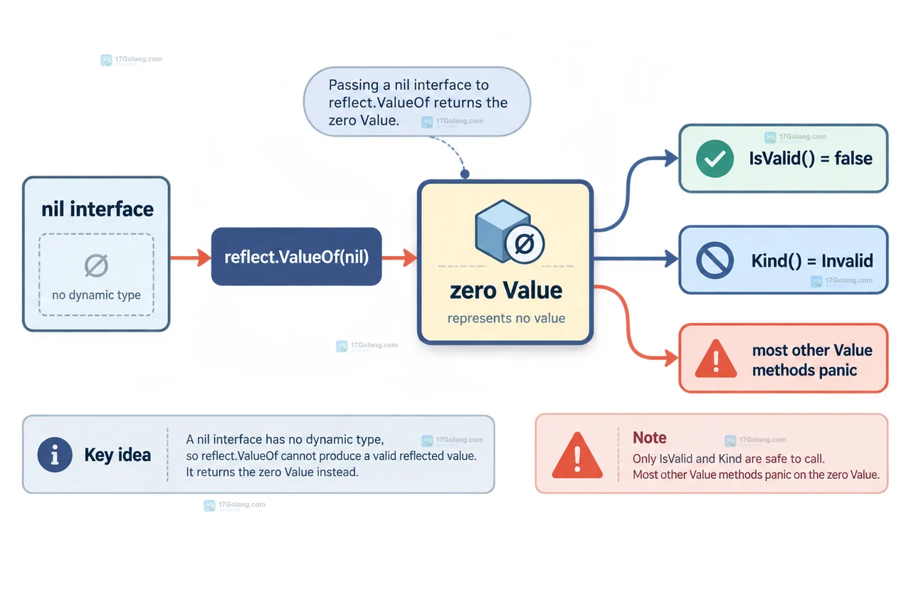 Go nil interface 与 typed nil 指针经过 ValueOf 后分别得到 zero Value 和有效 Pointer Value 的对照图