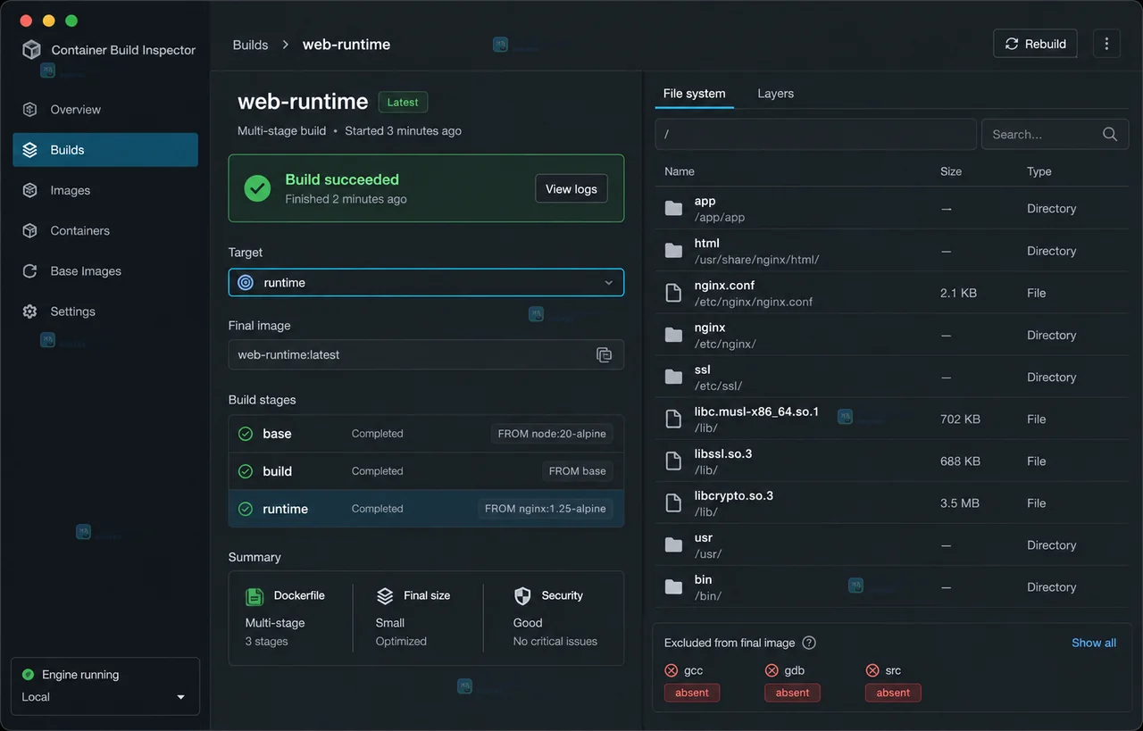 Docker 多阶段构建的原创 Dockerfile 编辑界面，左侧区分 build 与 runtime，右侧显示 COPY --from=build 的产物路径