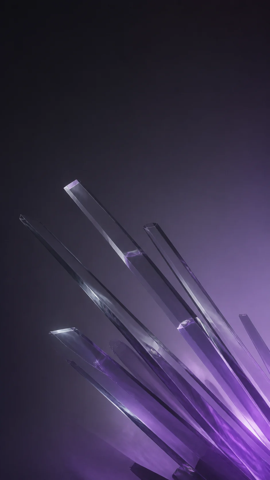 紫灰玻璃折射手机壁纸主图,玻璃主体位于下半部并为锁屏顶部保留留白