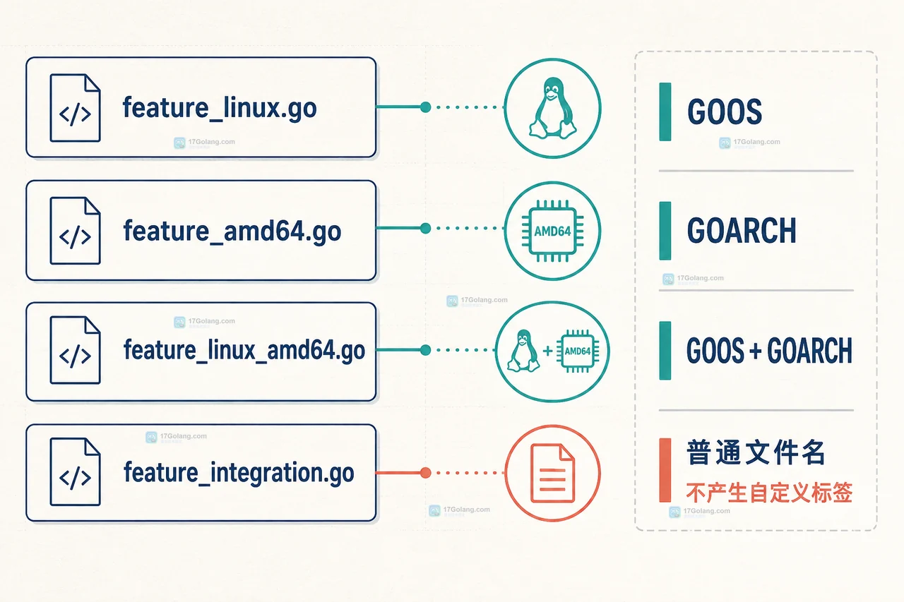 Go build tags 排障中文件名规则、go:build 表达式与 go list 文件选择的关系图