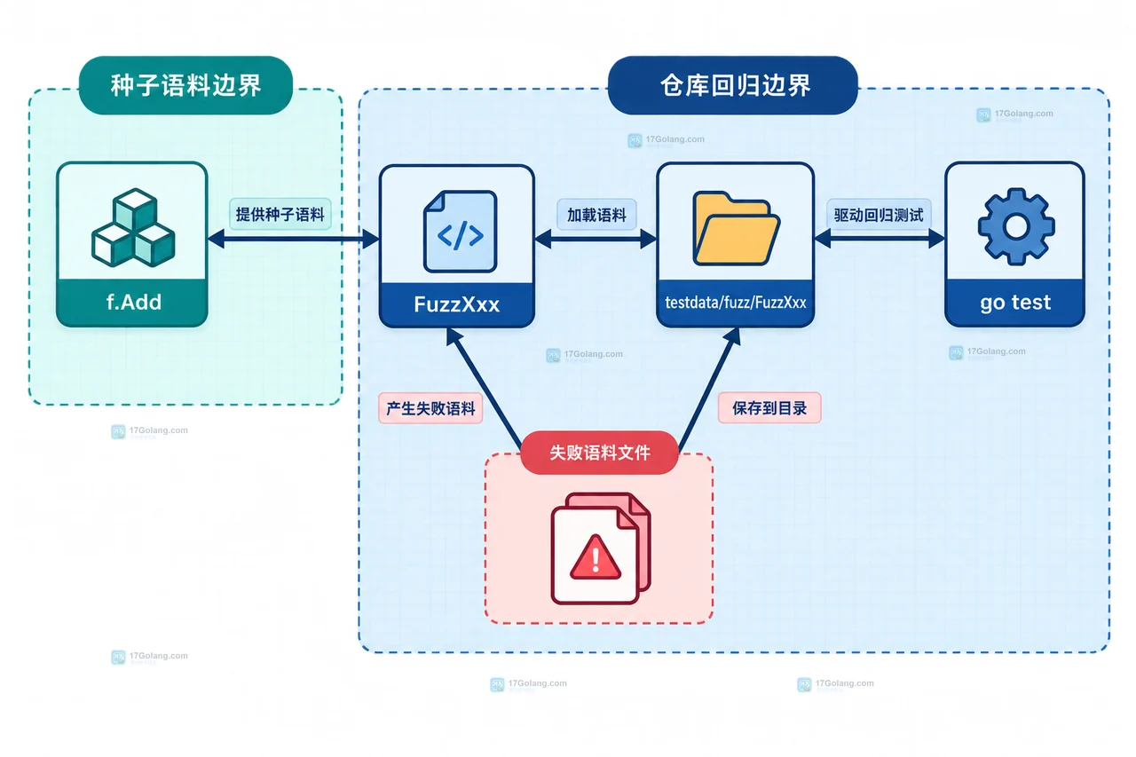 Go fuzz 失败输入回归中精确复现命令、FuzzXxx、参数类型、仓库语料目录和 GOCACHE fuzz 缓存关系图