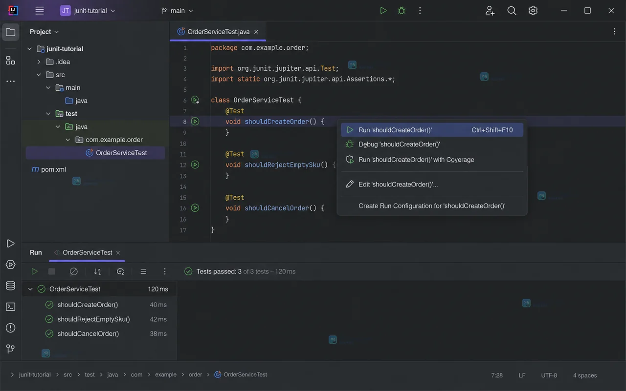 IntelliJ IDEA JUnit Pattern 配置列出两个测试方法并在 Run 窗口显示通过结果