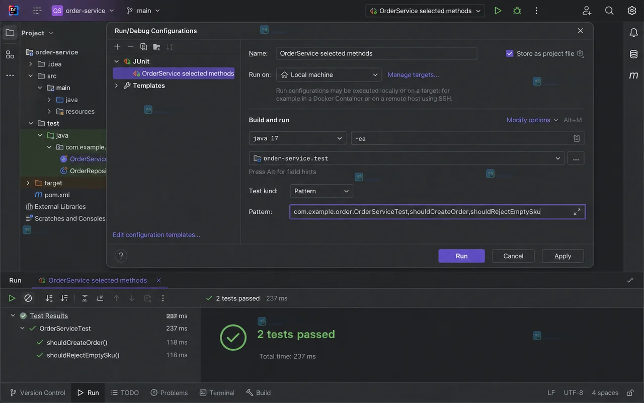 IntelliJ IDEA 中 OrderServiceTest 的方法级运行入口与测试方法集合