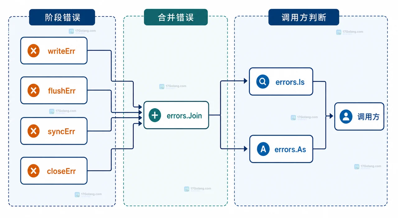 Go 文件写入中 bufio.Writer、Flush、os.File、Sync 和 Close 的静态错误关系框图