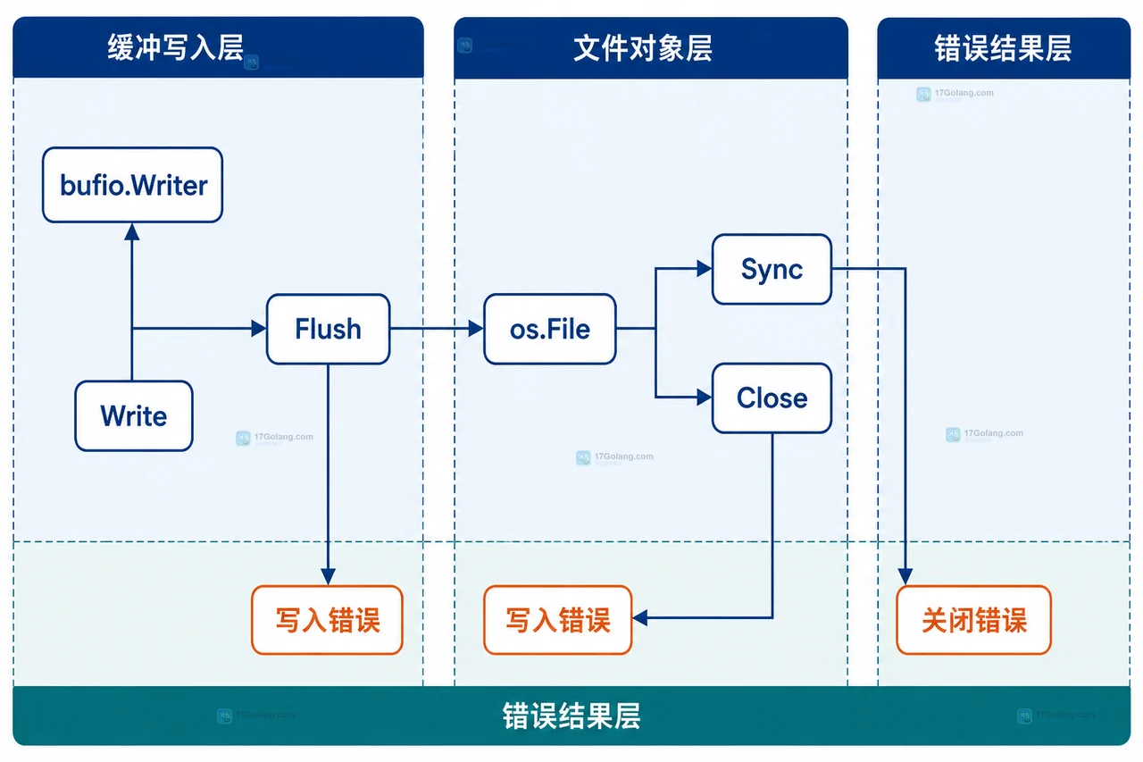 Go errors.Join 合并 writeErr、flushErr、syncErr 和 closeErr 后由 errors.Is 判断的静态关系框图