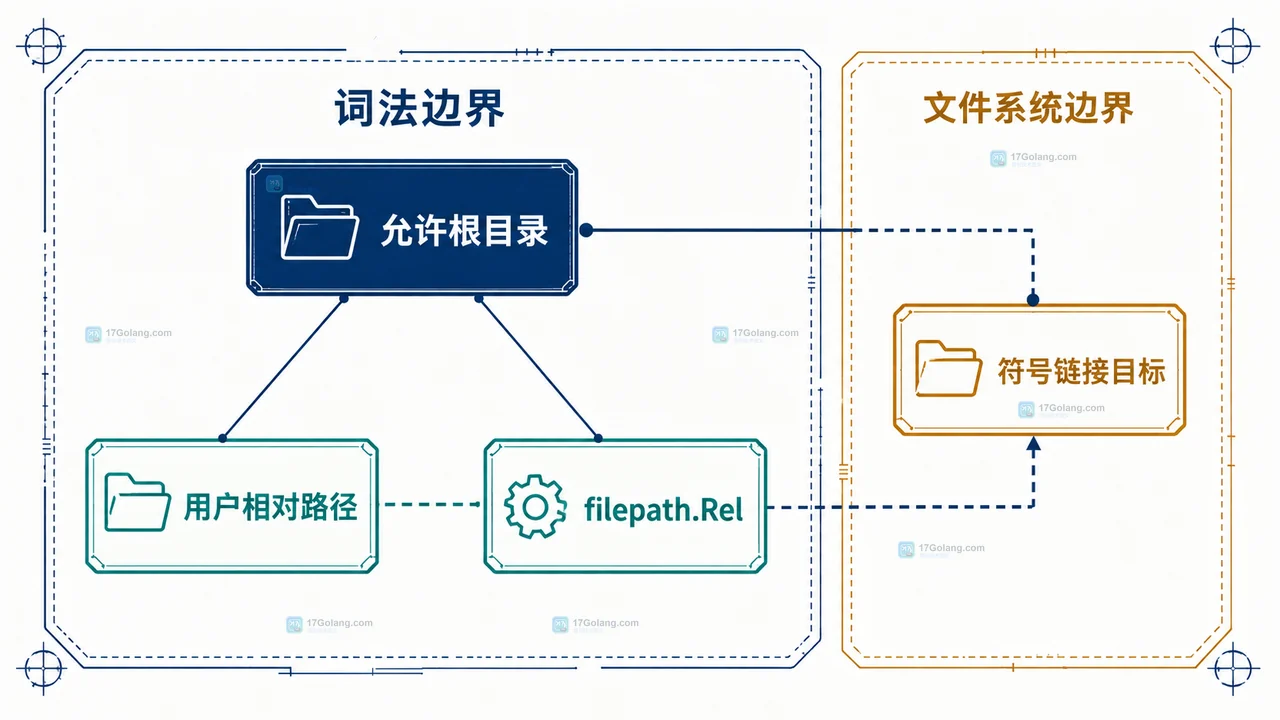 Go filepath.Clean 将用户路径字符串规范化但不触碰文件系统边界的静态技术框图