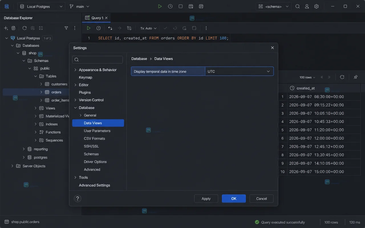 DataGrip 风格 Export Data 对话框选择 CSV,输出 export-events.csv 并显示带加零零偏移量的查询结果