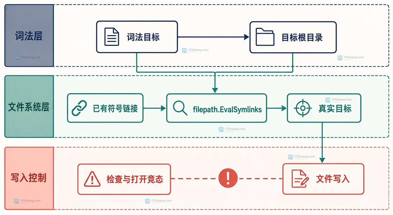 Go archive/tar 条目名经过 filepath.IsLocal、filepath.Join 和 filepath.Rel 后受目标根目录约束的静态关系图