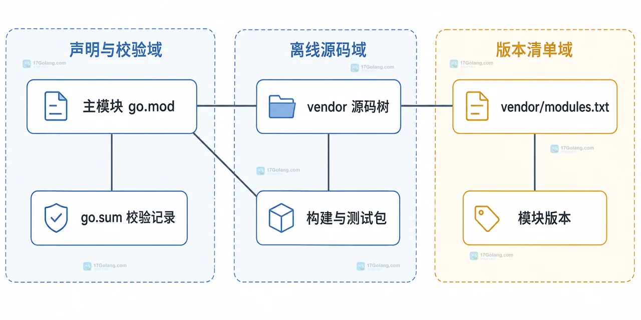 Go vendor 一致性检查中 go.mod、vendor/modules.txt、GOPROXY 和离线构建边界关系图