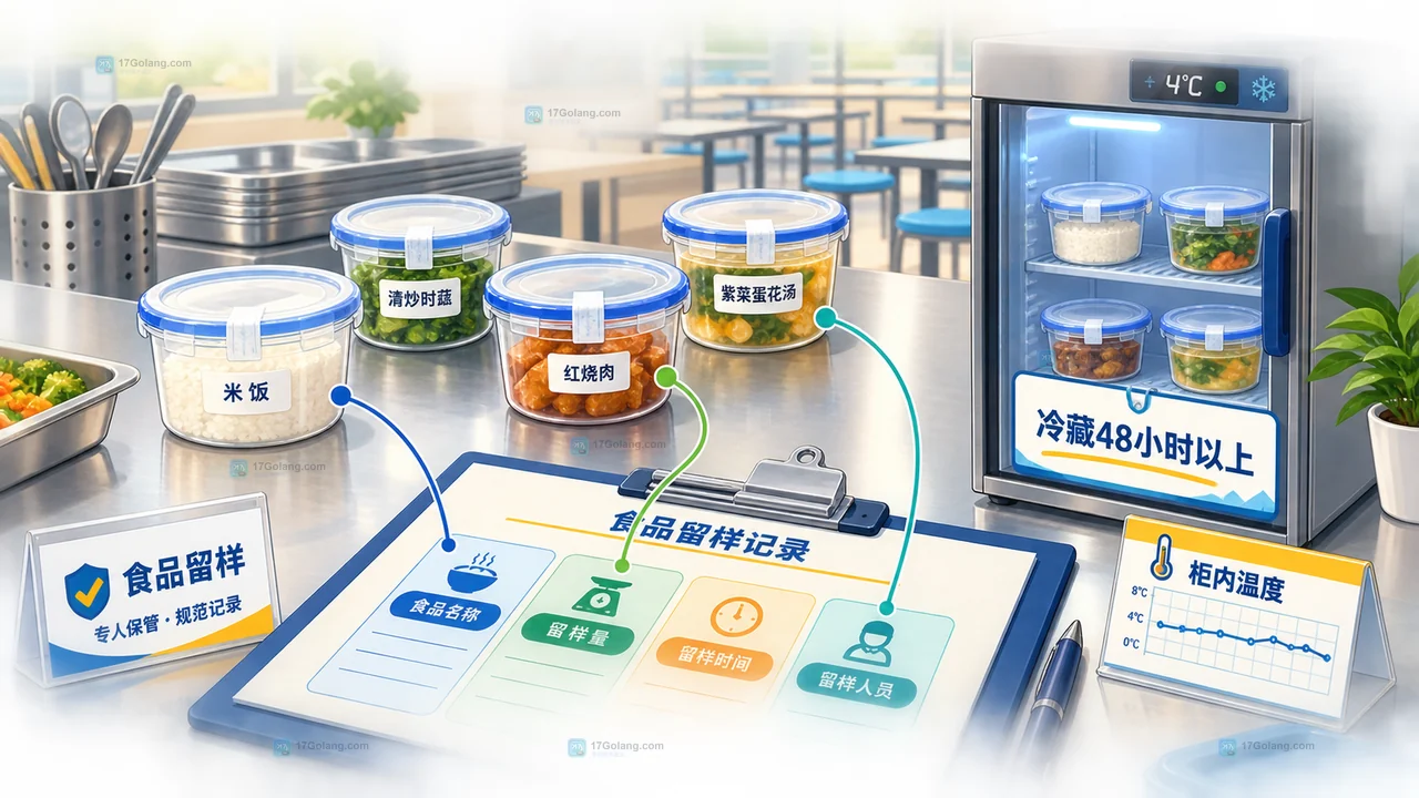 学校食堂食品留样记录字段图，展示食品名称、留样量、留样时间、留样人员与冷藏柜温度的对应关系