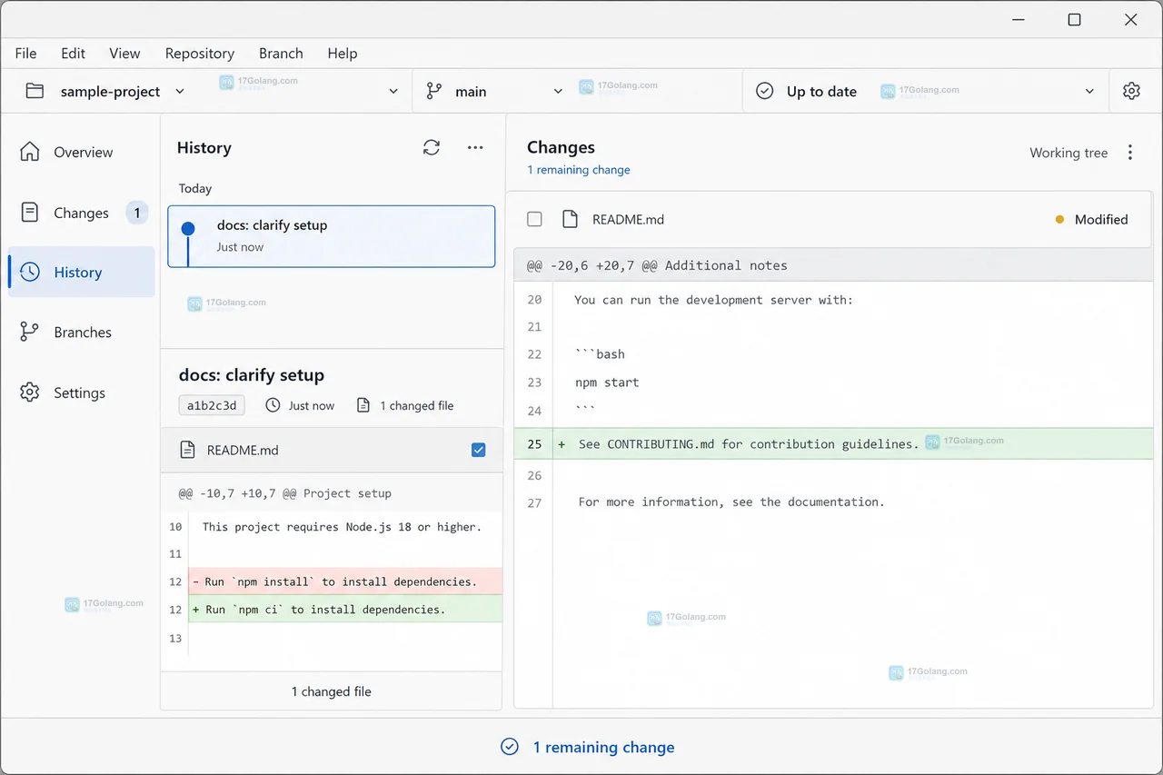 GitHub Desktop Changes 面板中选择文件并在右侧查看部分差异的原创软件界面状态图