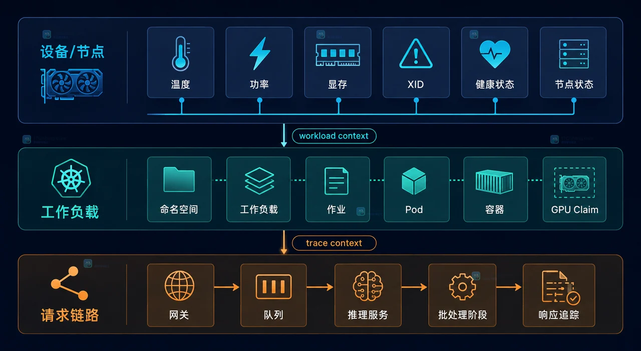 从请求 Trace 跳转到队列、GPU 执行阶段、Pod 日志和 DCGM 指标的关联说明图