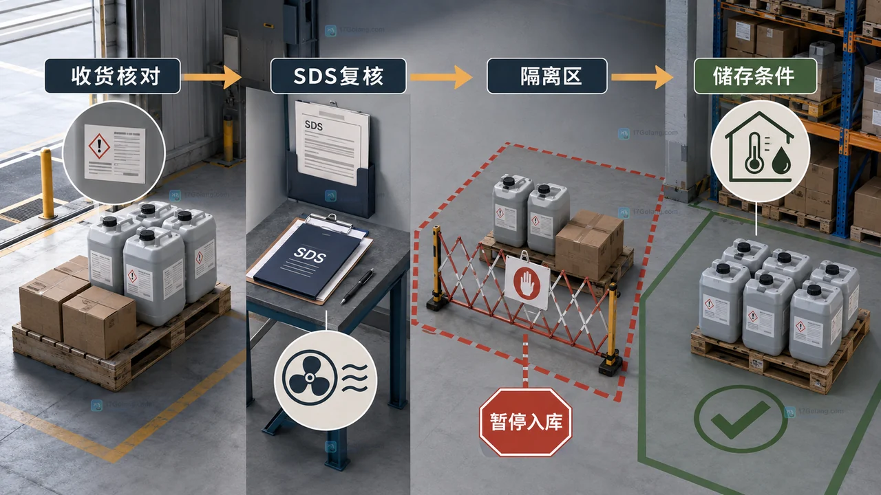 仓储收货台上的原创危险化学品标签说明图，展示化学品标识、pictogram、信号词、危险性说明和防范说明的对应关系