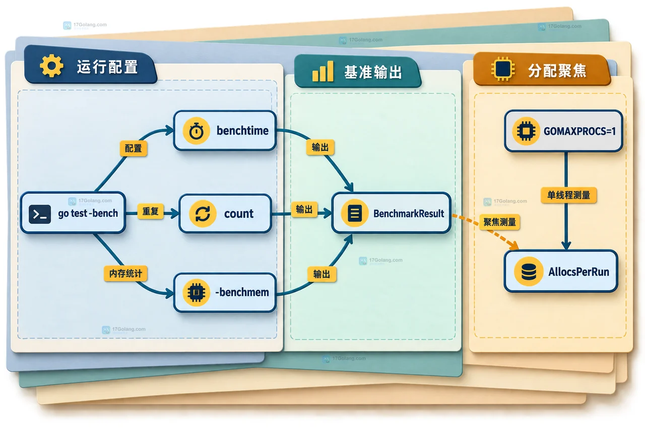 Go testing.B 基准函数中输入准备、ResetTimer、b.N 测量循环与 ns/op allocs/op B/op 指标的静态关系图