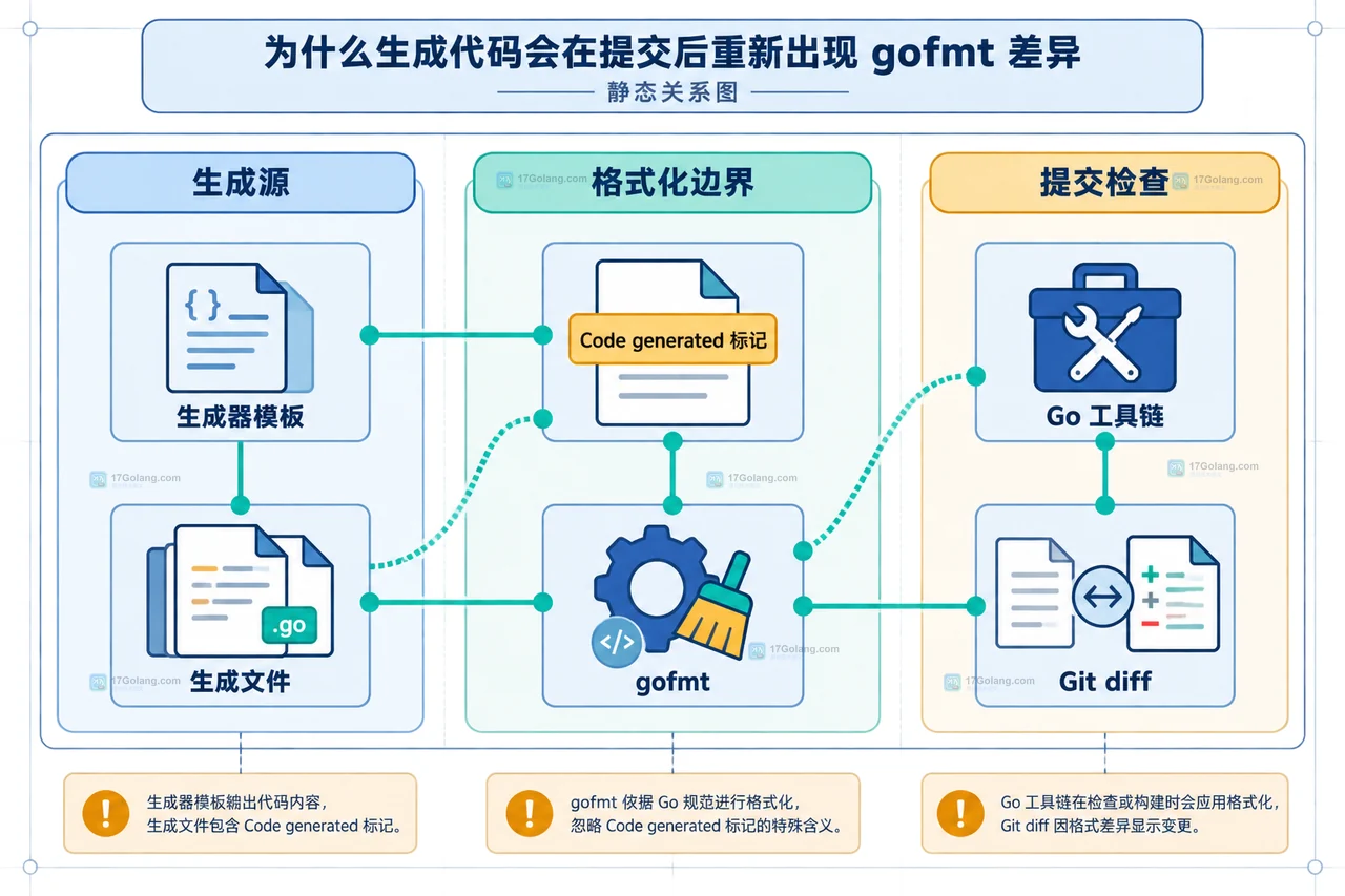 Go generate、生成命令、gofmt -w、git diff --exit-code、CI runner 和工作区的静态依赖关系
