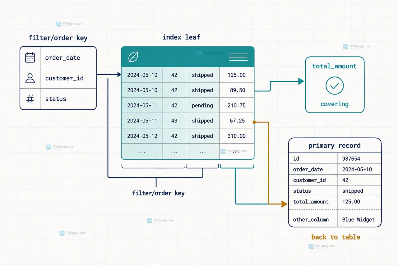 MySQL 组合索引中租户状态等值前缀、创建时间范围和订单号排序的静态关系图