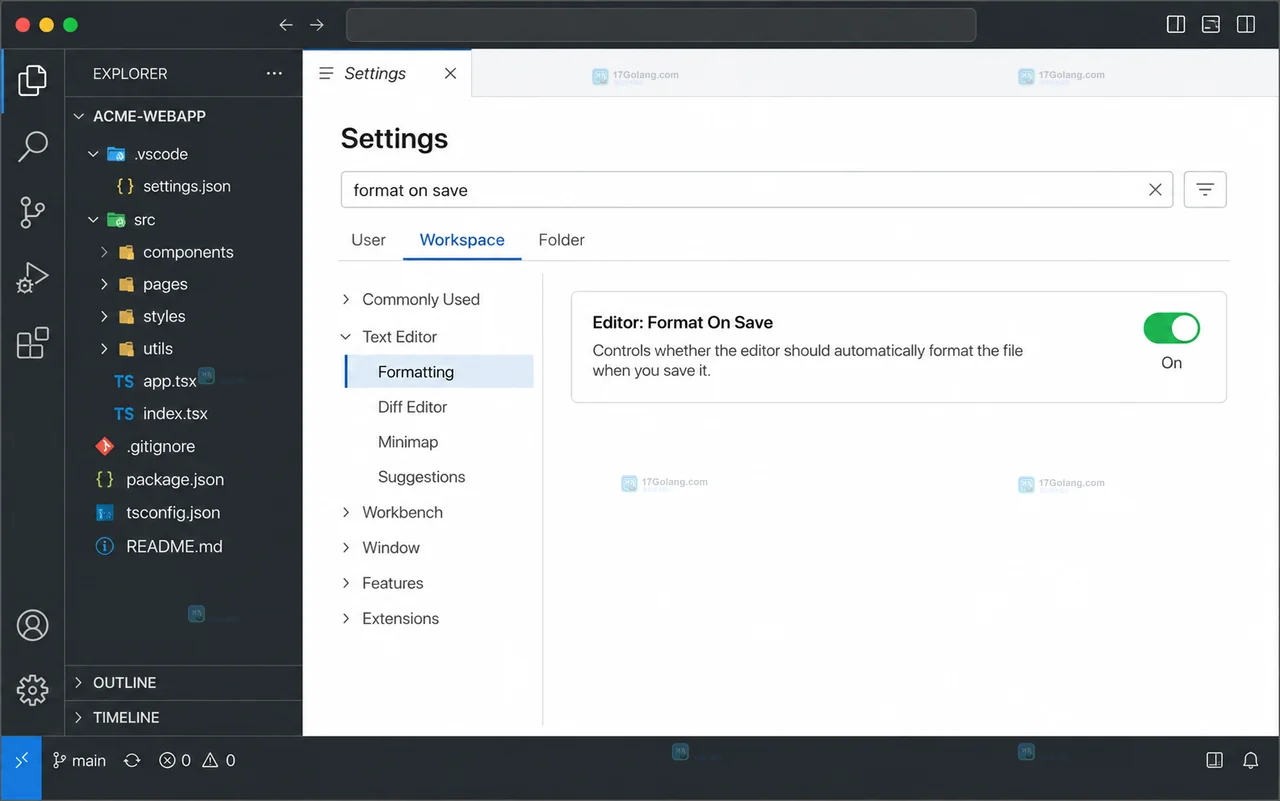 VS Code 风格项目 settings.json 显示 editor.formatOnSave 为 true 并完成保存状态