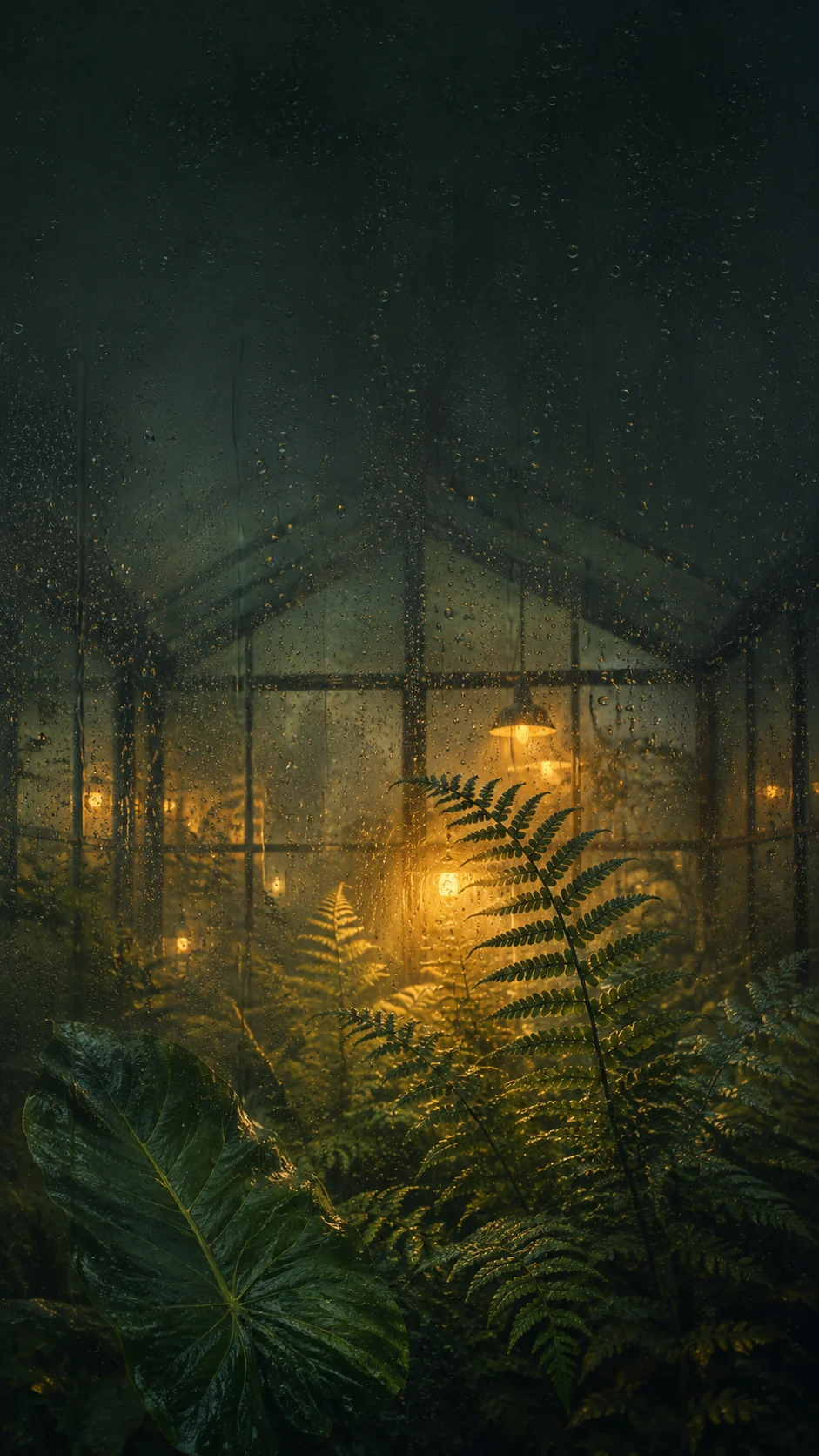 雨夜玻璃温室手机壁纸中的雨滴玻璃、蕨类叶片与远处暖灯三层景深