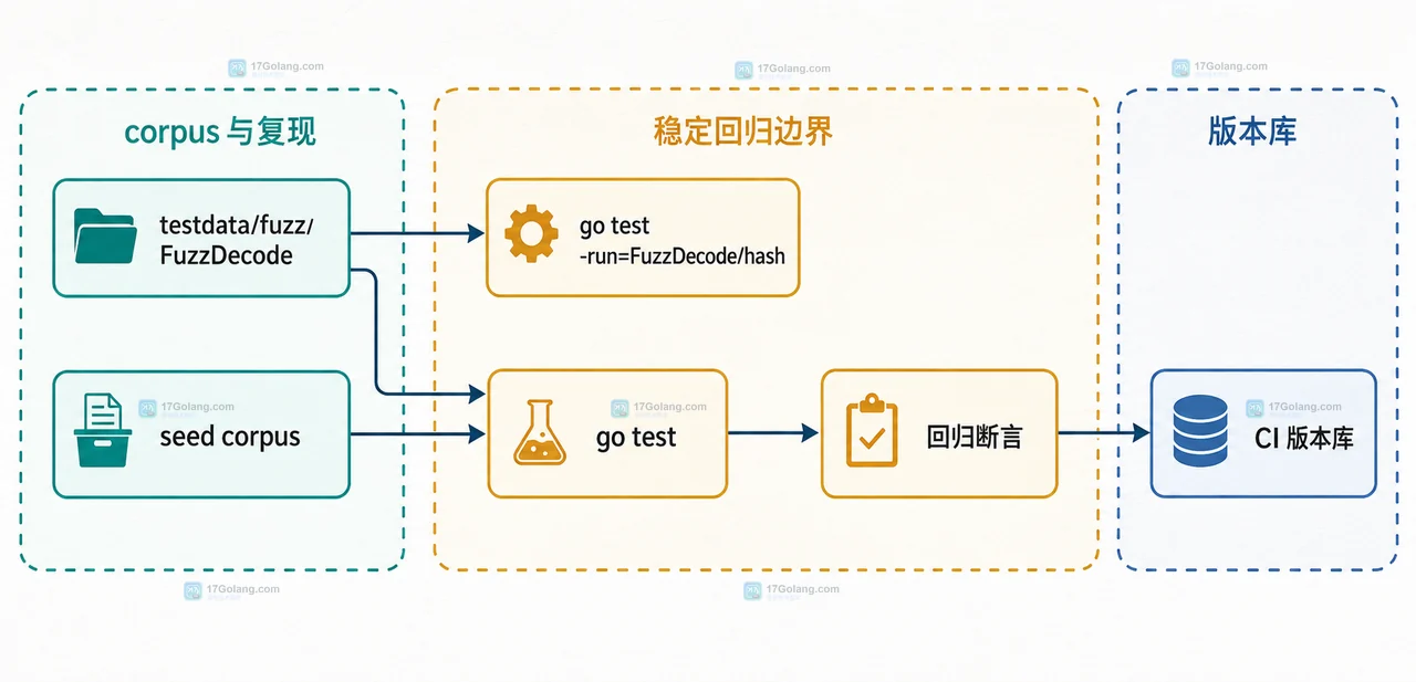 Go testing.F、f.Fuzz 与最小失败 corpus 文件之间的静态关系框图