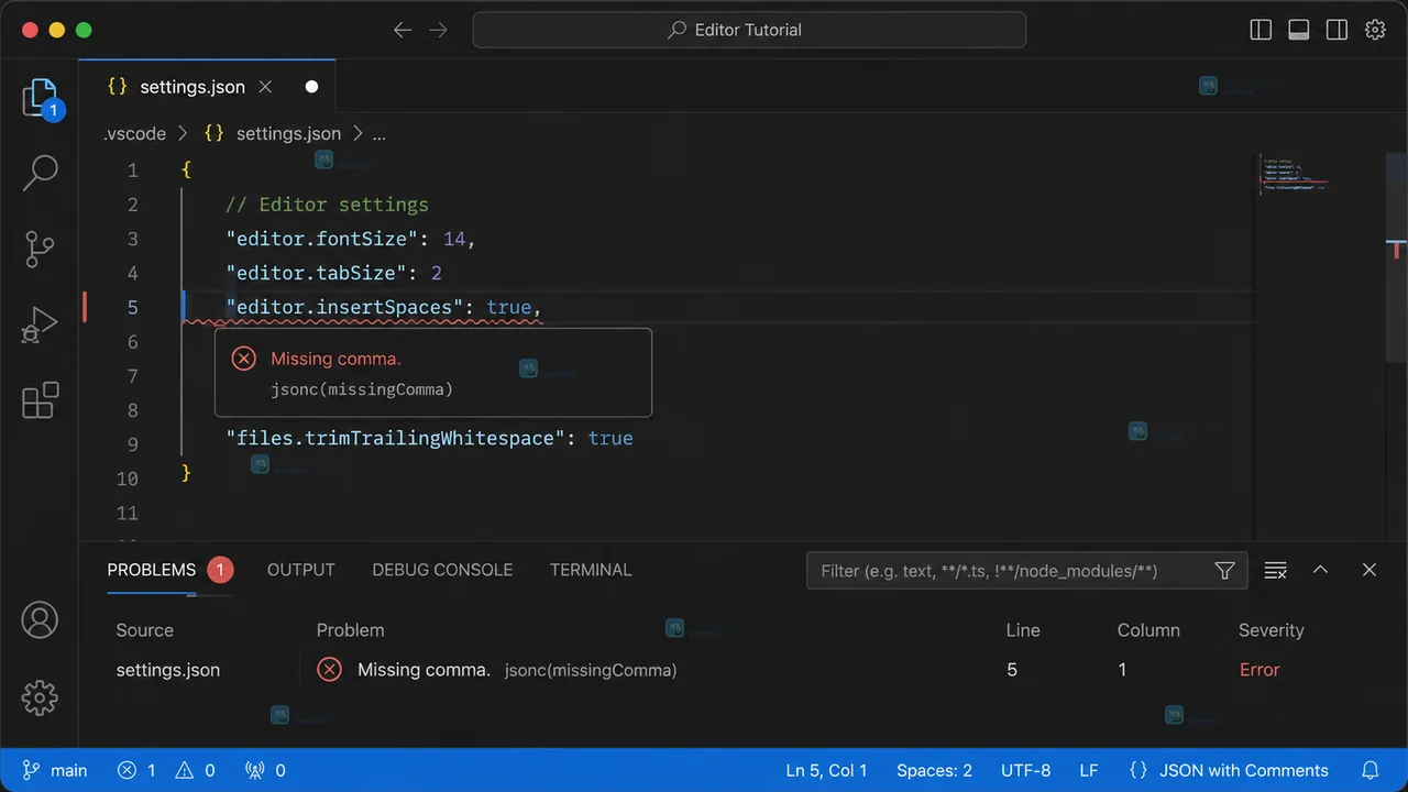 VS Code 修正 settings.json 后无红色诊断并在设置编辑器显示已修改值