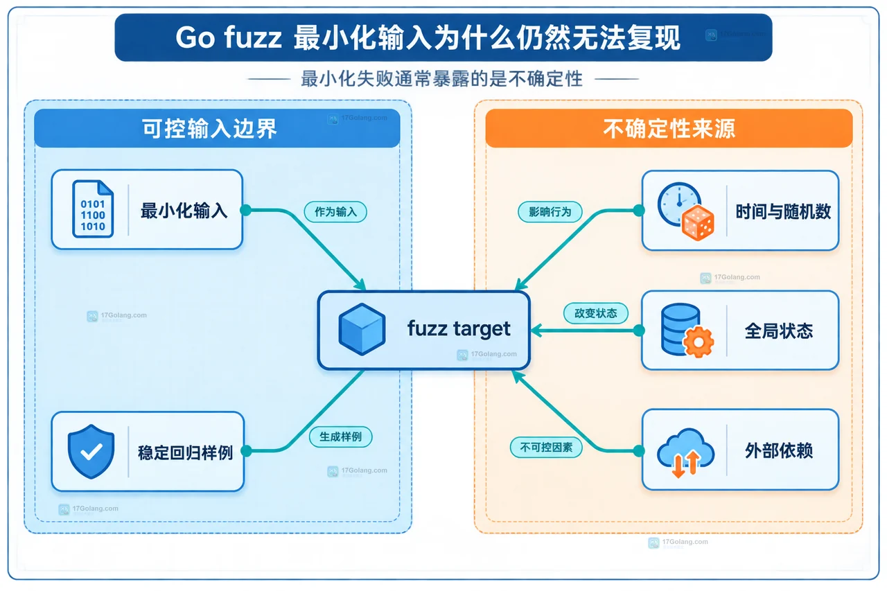 Go fuzz 失败日志、回放哈希、testdata corpus 与 testing.F 回归边界关系图