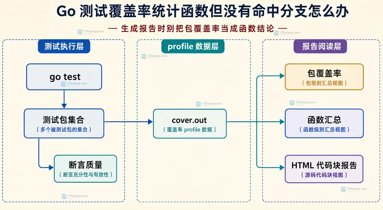 Go 覆盖率中测试调用、函数代码块与未命中分支的静态关系框图
