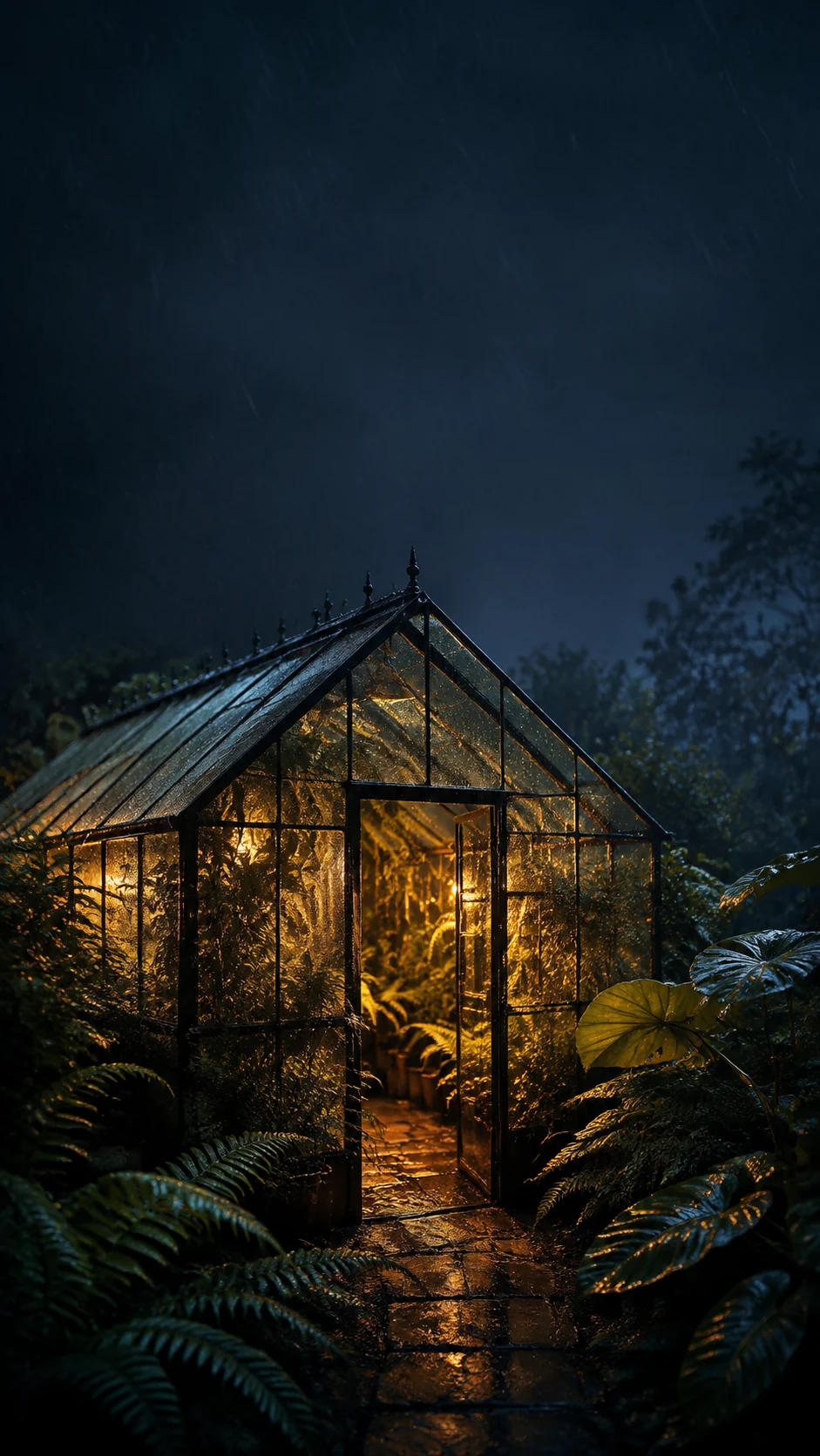 雨夜玻璃温室午夜蓝手机壁纸，顶部为连续深蓝雨玻璃，右下蕨类植物带冷色边光
