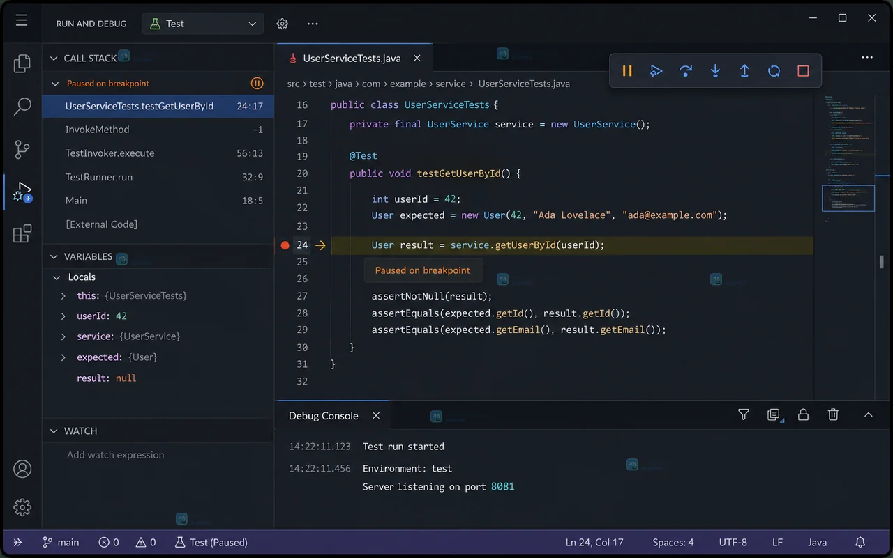 VS Code launch.json 编辑器显示 Development 和 Test 配置、工作区变量与 APP_PORT 环境参数