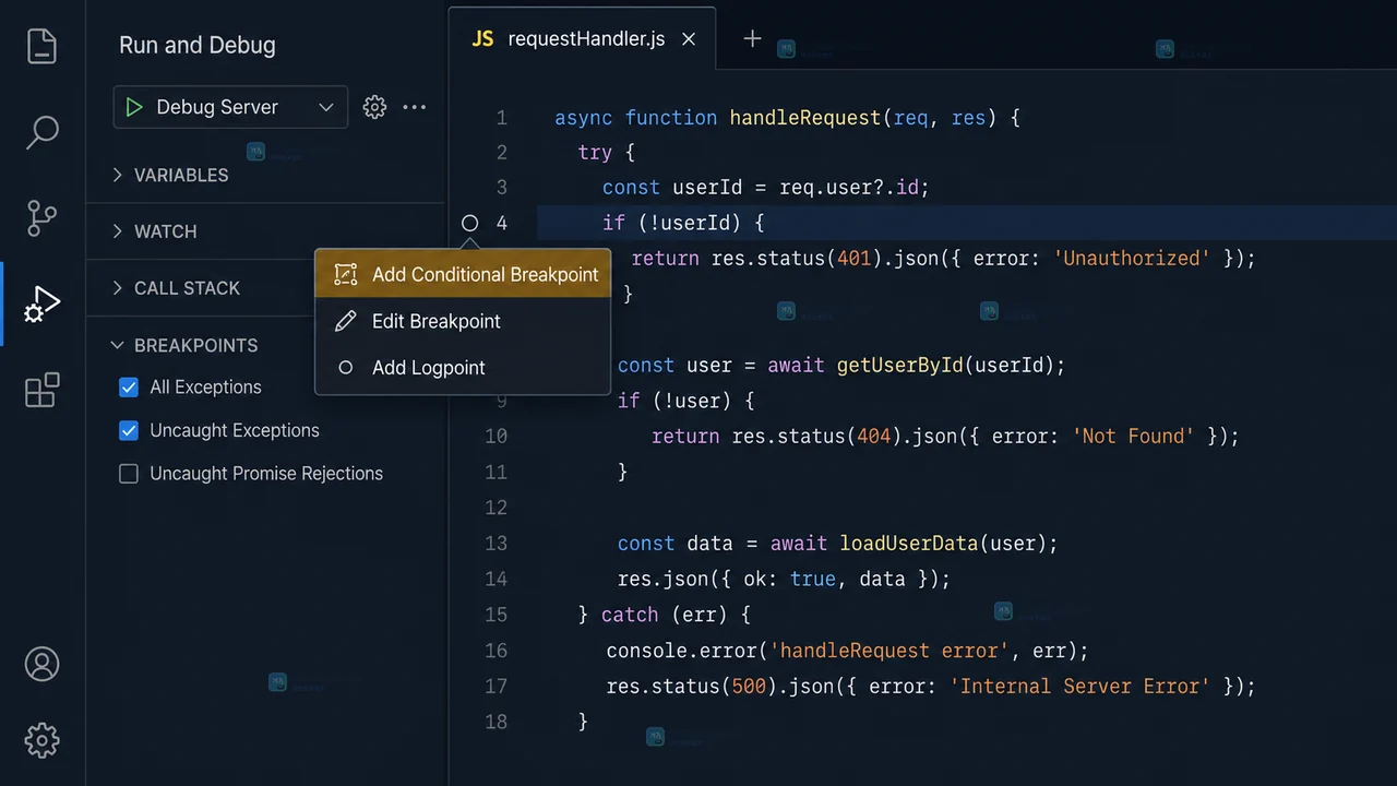 VS Code 风格 Run and Debug 视图与请求处理函数行号栏中的 Add Conditional Breakpoint 入口状态