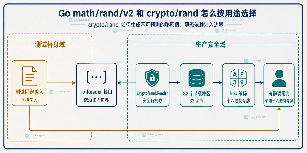 Go math/rand/v2 与 crypto/rand 的用途边界、模拟源和秘密字节关系框图