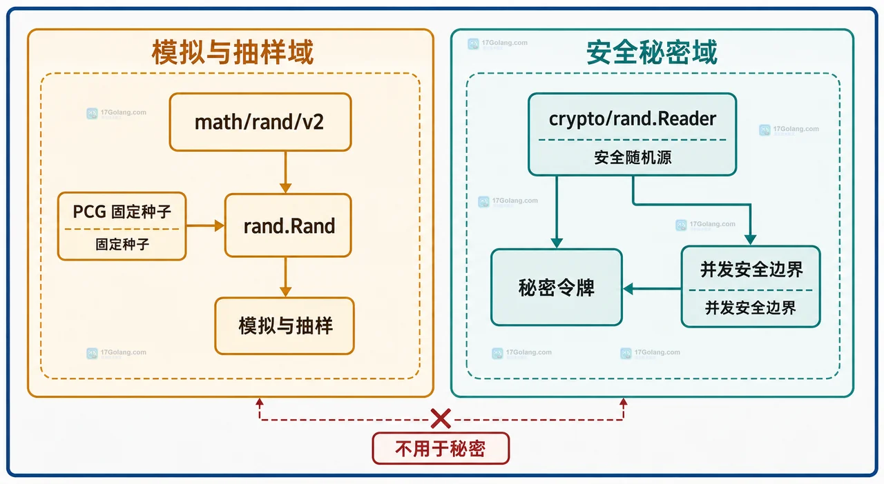 Go 固定种子测试源与 crypto/rand 安全 Reader 的依赖注入边界框图