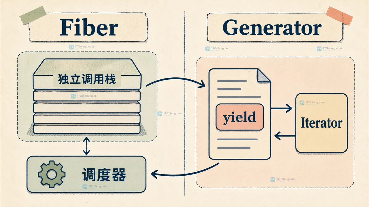 PHP Fiber 独立调用栈中 suspend、resume 恢复值和 getReturn 最终返回值的关系图