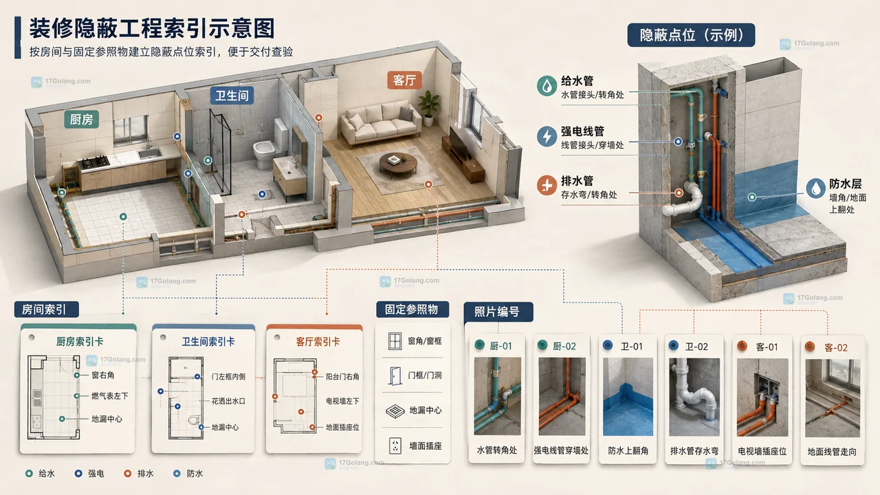 以房间和墙地面点位建立装修隐蔽工程位置索引的原创说明图