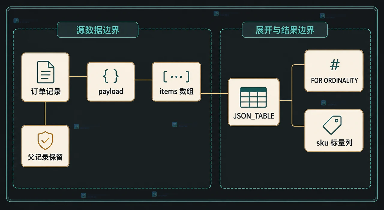 MySQL JSON 文档、路径存在性、JSON 类型和数组长度区分路径缺失、JSON null 与空数组的静态关系框图