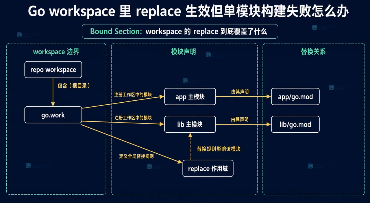 Go 单模块构建检查中 app go.mod、require、replace、本地 lib 和发布构建边界的静态关系图