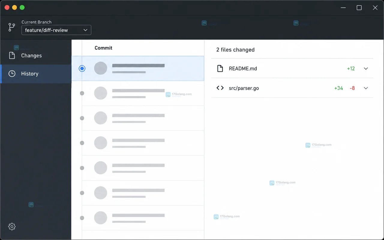 GitHub Desktop 差异视图右上角设置展开并显示 Unified、Split 与隐藏空白变化的原创界面状态