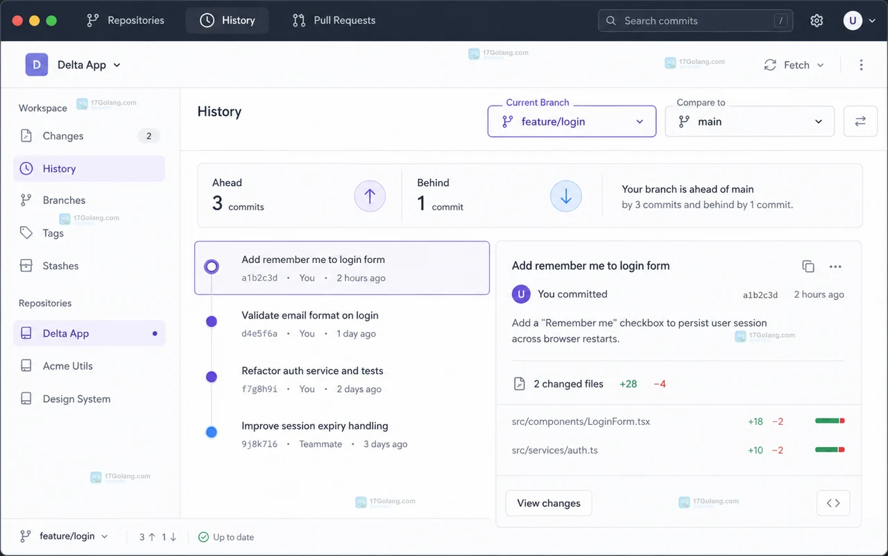 GitHub Desktop 当前分支 feature/login 保持不变,Branch 菜单展开并突出 Compare to Branch 比较入口