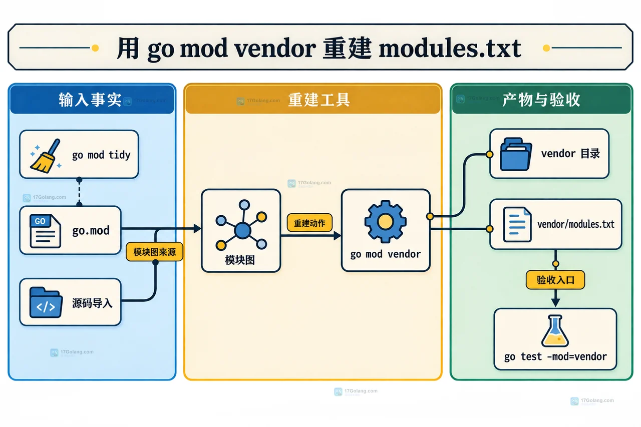 Go vendor 模式中项目根目录、go.mod、模块图、vendor目录和构建命令的静态关系