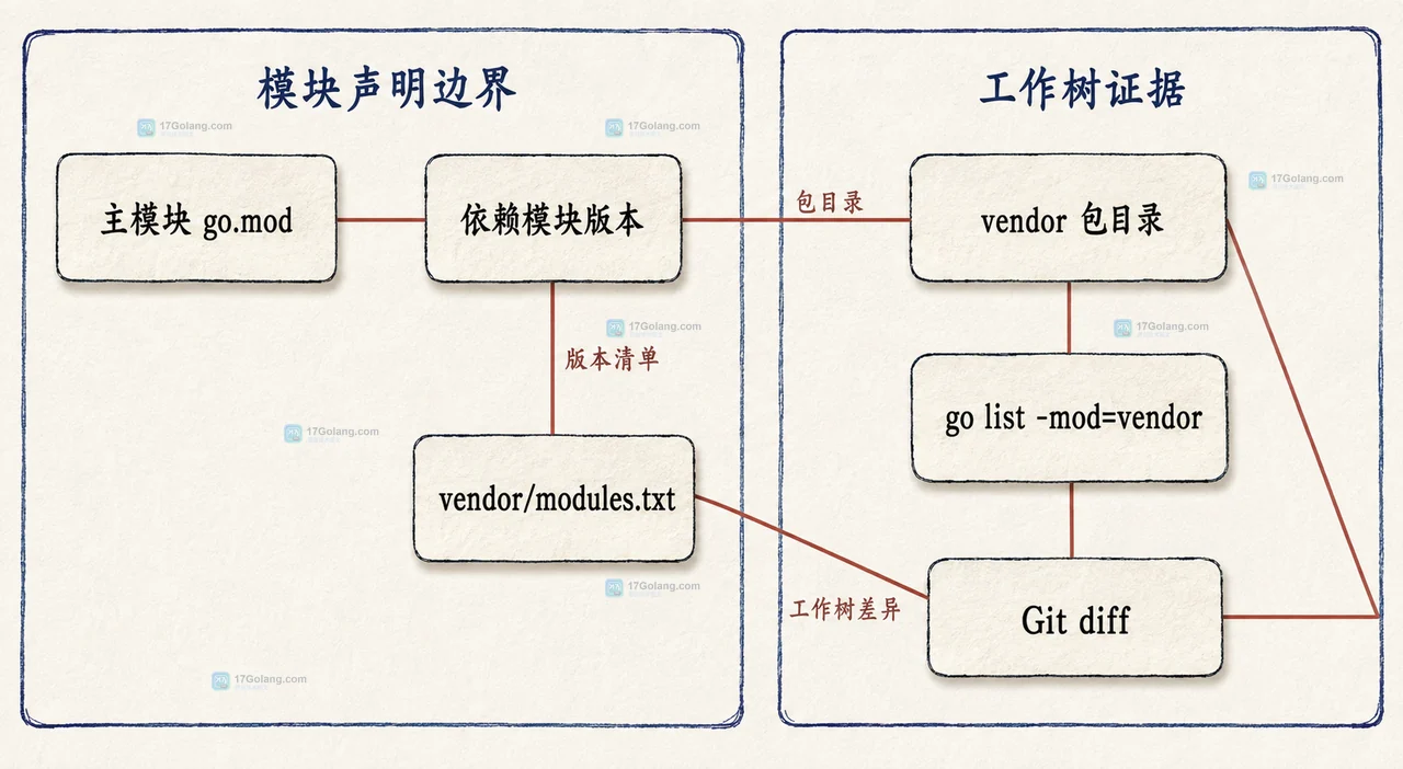 帮助读者区分发布输入、vendor 构建读取边界,以及被显式绕开的模块缓存和网络代理。