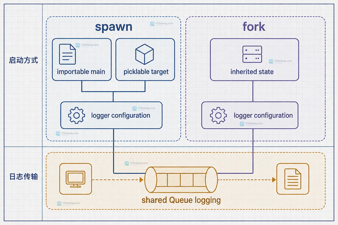 Python 多进程 worker 通过 QueueHandler 和 multiprocessing.Queue 汇总到 QueueListener 再写出日志的结构图
