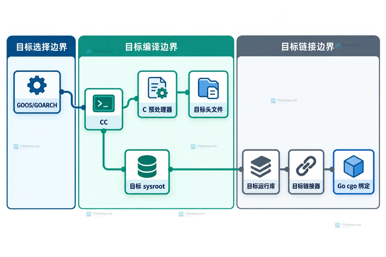 Go 交叉编译中 GOOS、GOARCH、CGO_ENABLED、CC 与目标头文件和运行库的静态关系图