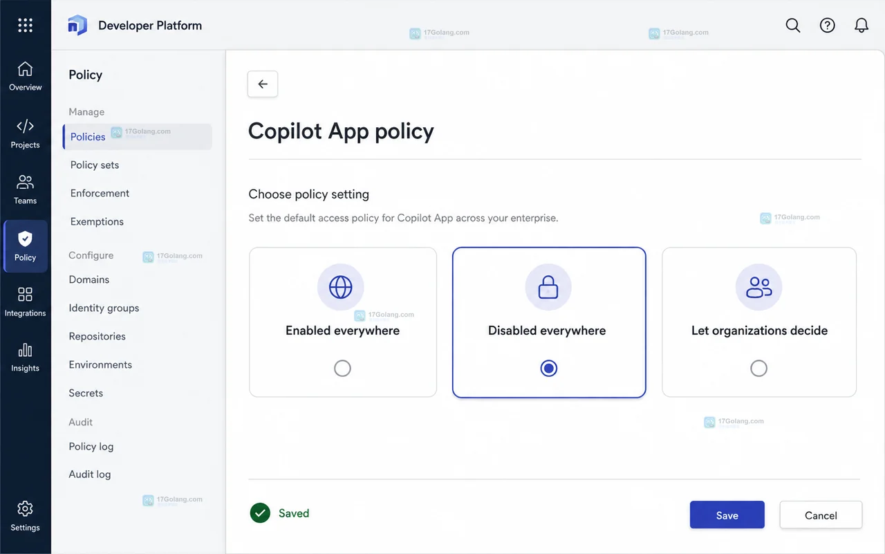GitHub 企业设置风格的 AI Controls 与 Copilot Clients 入口,显示 Copilot App 独立策略