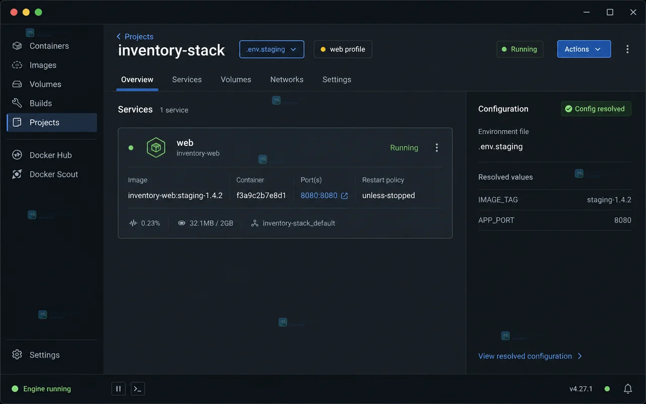 Docker Desktop 风格 Compose 项目配置页选择 .env.dev