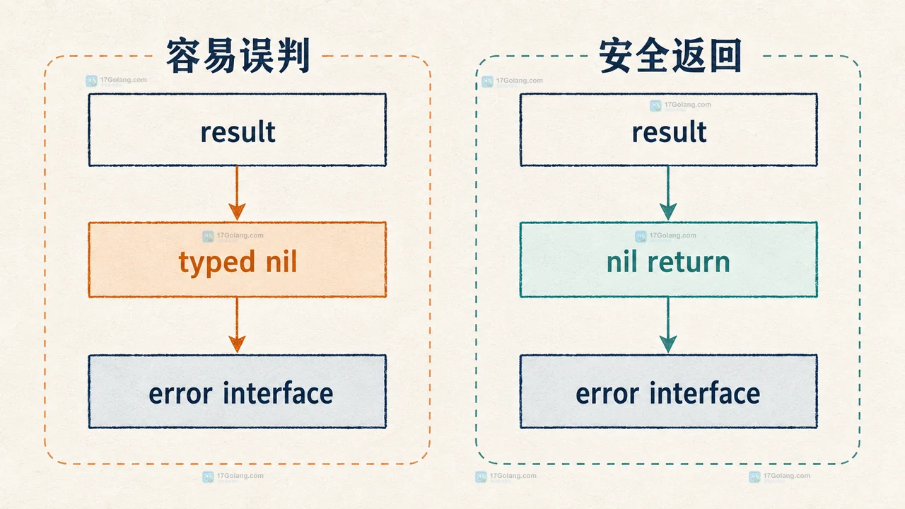 Go error 接口中动态类型为 *MyError、动态值为 nil 的 typed nil 结构关系图