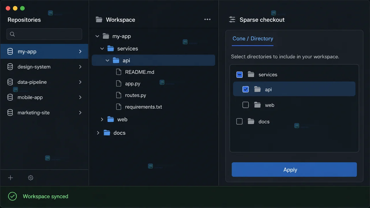 Git 工作区客户端的仓库选择与 Sparse checkout 入口状态，显示当前仓库和目录选择按钮